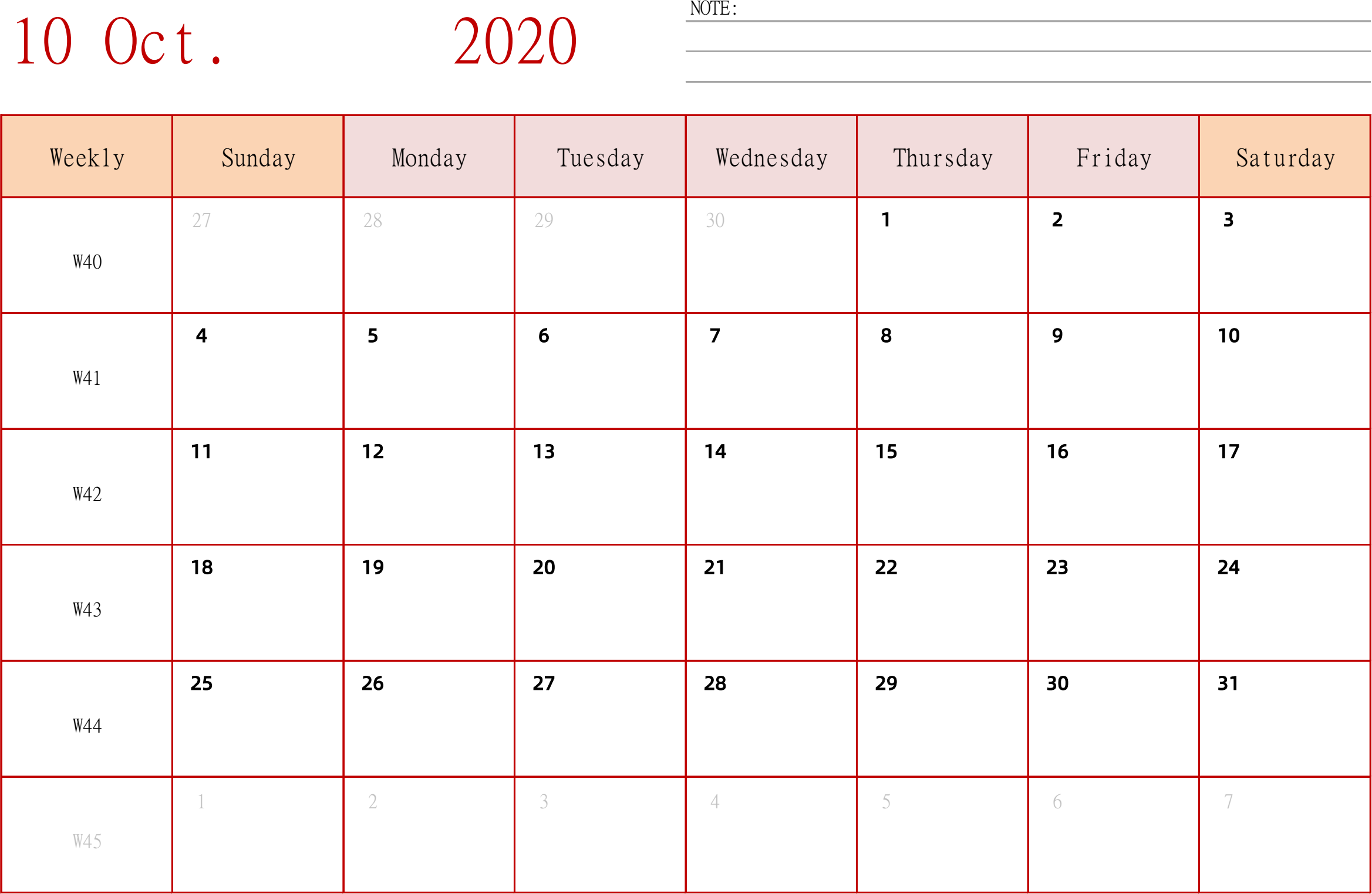 日历表2020年日历 英文版 横向排版 周日开始 带周数